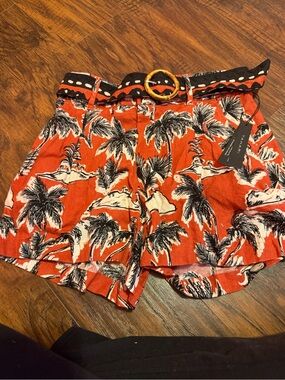 Tahari Orange Palm-Print Paperbag Waist Shorts with Belt